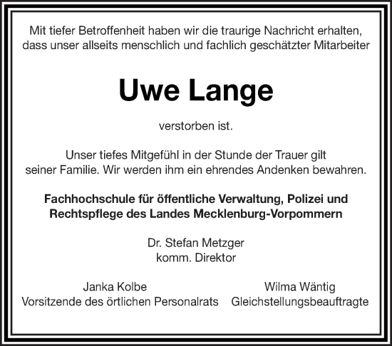 Traueranzeige von Uwe Lange 