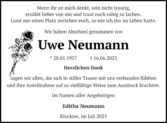 Traueranzeige von Uwe Neumann von Prenzlauer Zeitung