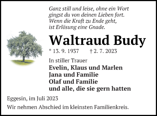 Traueranzeige von Waltraud Budy von Haff-Zeitung