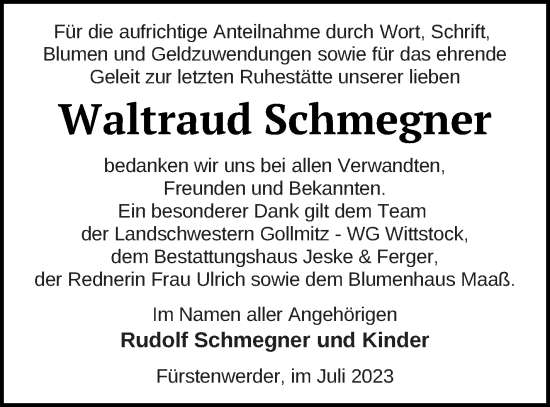 Traueranzeige von Waltraud Schmegner von Prenzlauer Zeitung