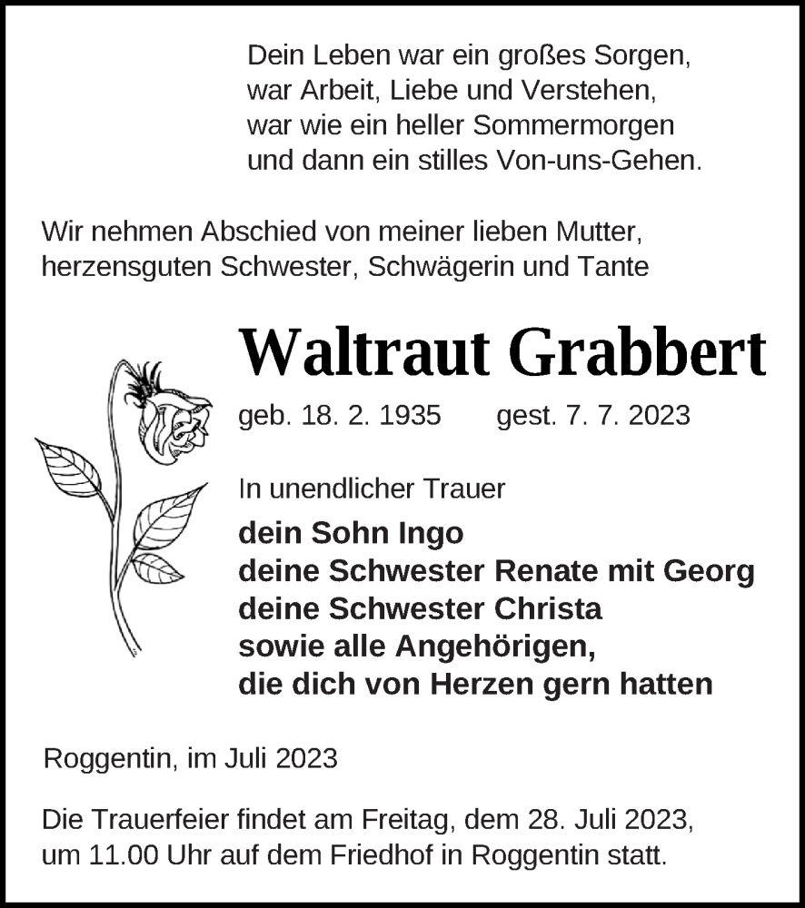  Traueranzeige für Waltraut Grabbert vom 21.07.2023 aus Strelitzer Zeitung