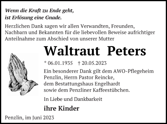 Traueranzeige von Waltraut Peters von Müritz-Zeitung