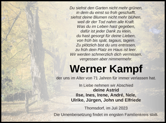 Traueranzeige von Werner Kampf von Templiner Zeitung