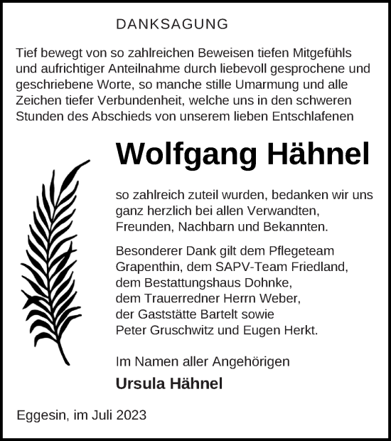 Traueranzeige von Wolfgang Hähnel von Haff-Zeitung