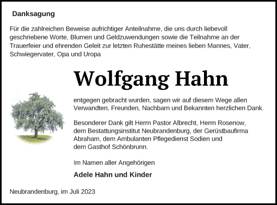 Traueranzeige von Wolfgang Hahn von Neubrandenburger Zeitung