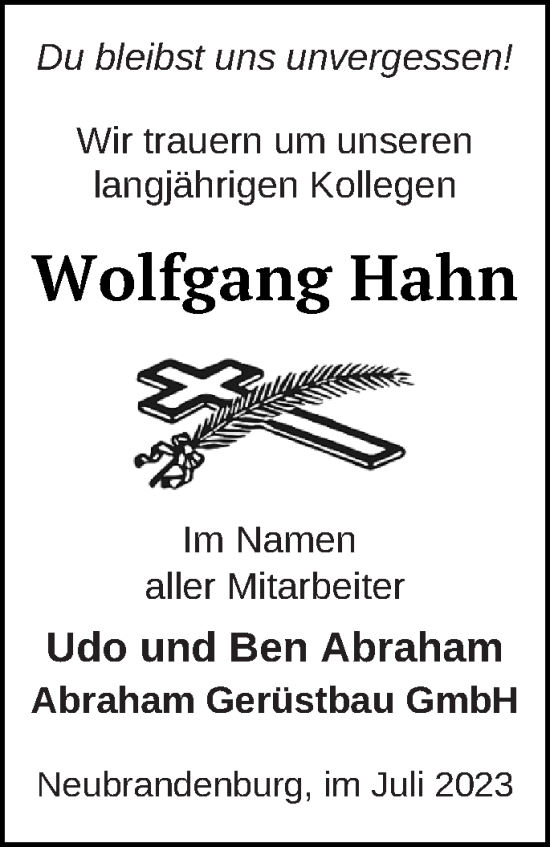 Traueranzeige von Wolfgang Hahn von Neubrandenburger Zeitung