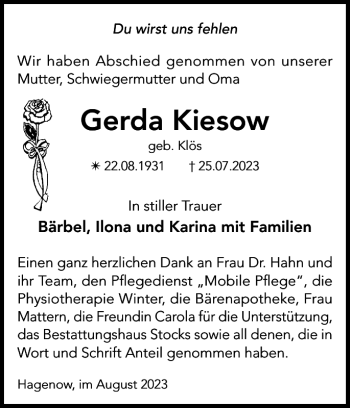 Traueranzeige von Gerda Kiesow von Hagenower Kreisblatt