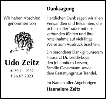 Traueranzeige von Udo Zeitz von Zeitung für die Landeshauptstadt