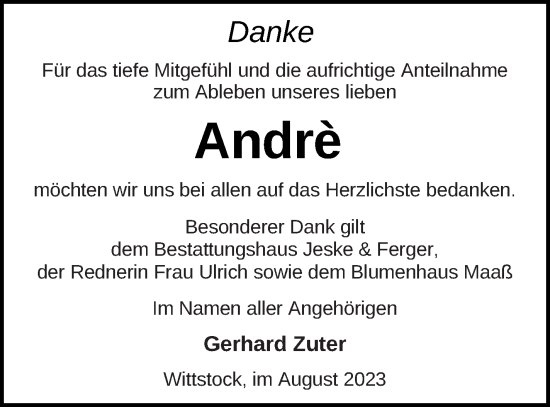 Traueranzeige von Andre Zuter von Prenzlauer Zeitung