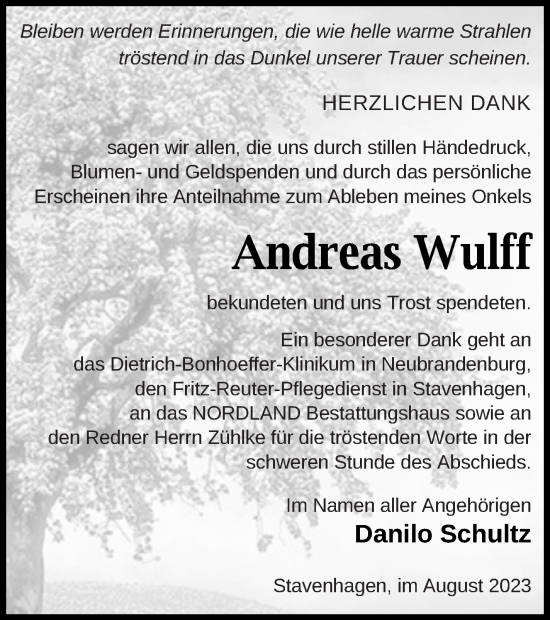 Traueranzeige von Andreas Wulff von Mecklenburger Schweiz