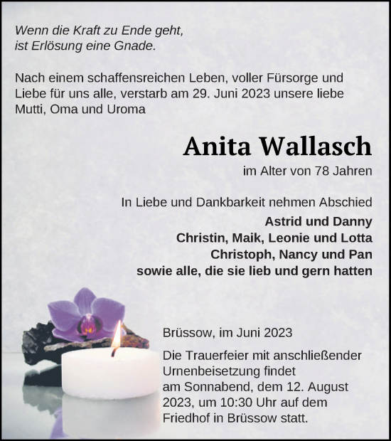 Traueranzeige von Anita Wallasch von Prenzlauer Zeitung