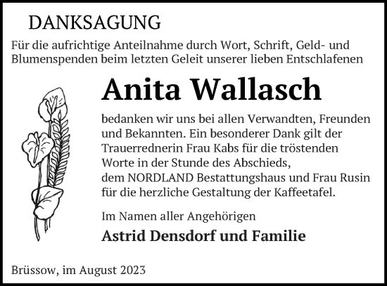 Traueranzeige von Anita Wallasch von Prenzlauer Zeitung