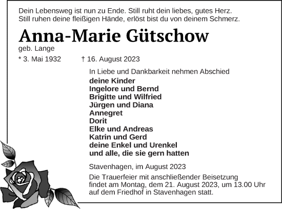 Traueranzeige von Anna-Marie Gütschow von Mecklenburger Schweiz