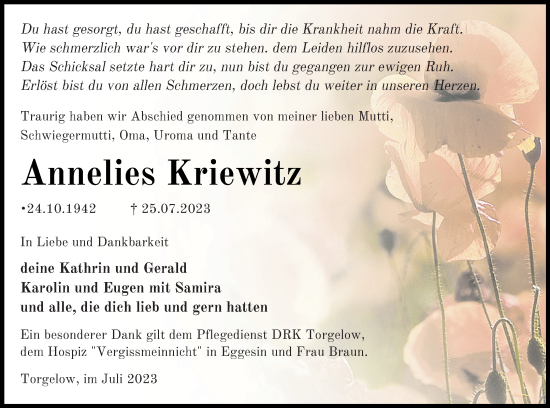 Traueranzeige von Annelies Kriewitz von Haff-Zeitung