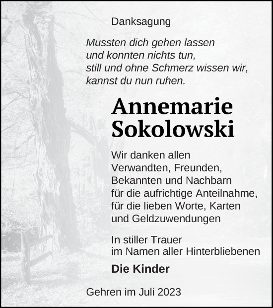 Traueranzeige von Annemarie Sokolowski von Pasewalker Zeitung