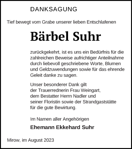 Traueranzeige von Bärbel Suhr von Strelitzer Zeitung