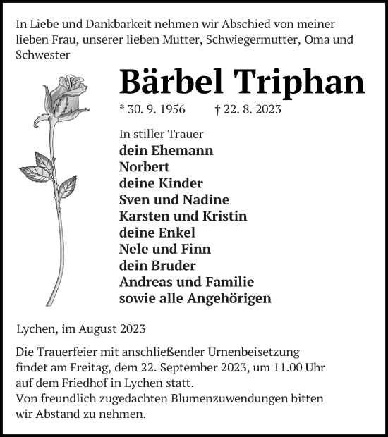 Traueranzeige von Bärbel Triphan von Templiner Zeitung