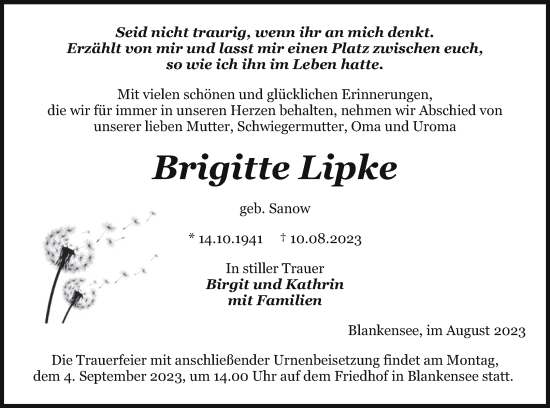 Traueranzeige von Brigitte Lipke von Pasewalker Zeitung