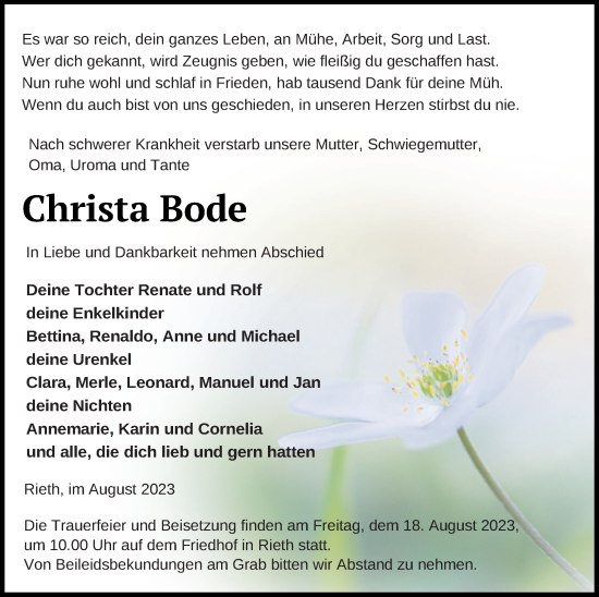 Traueranzeige von Christa Bode von Haff-Zeitung