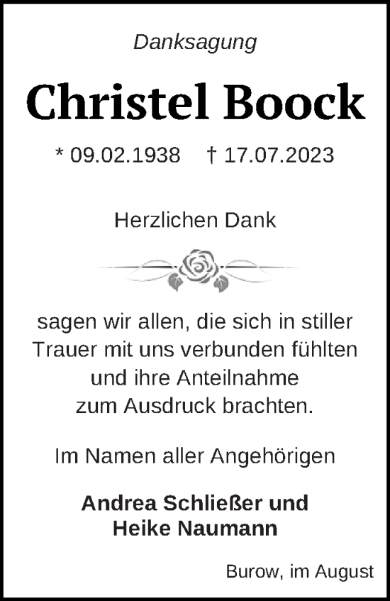 Traueranzeige von Christel Boock von Neubrandenburger Zeitung