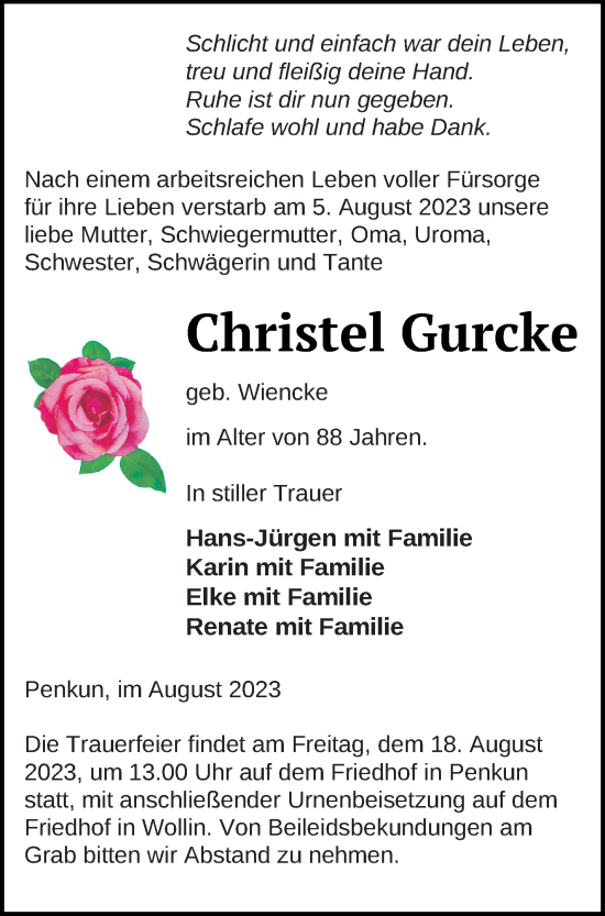 Traueranzeige von Christel Gurcke von Pasewalker Zeitung