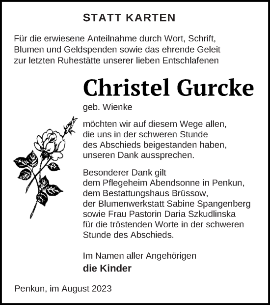 Traueranzeige von Christel Gurcke von Pasewalker Zeitung