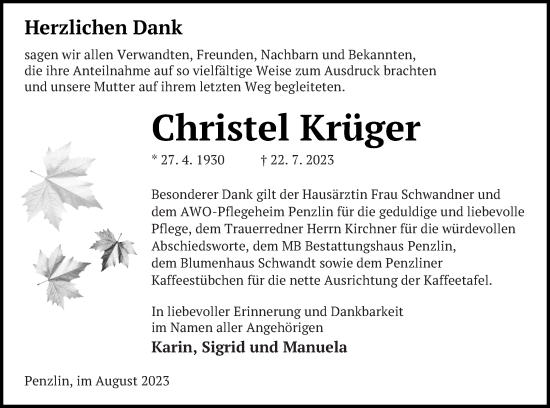 Traueranzeige von Christel Krüger von Müritz-Zeitung