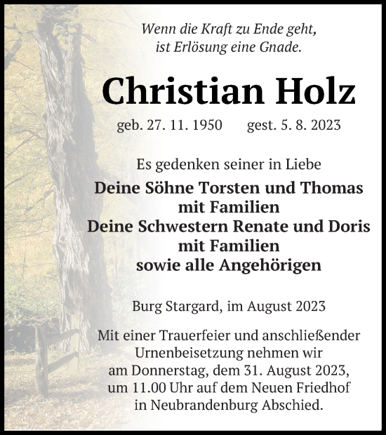 Traueranzeige von Christian Holz von Neubrandenburger Zeitung