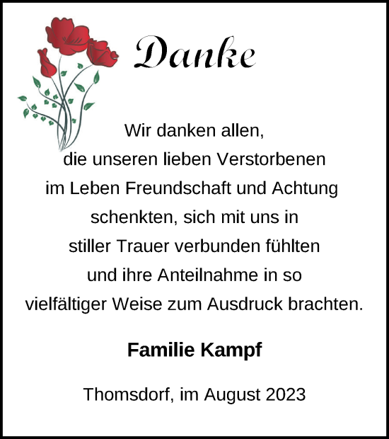 Traueranzeige von Danksagung Familie Kampf  von Templiner Zeitung