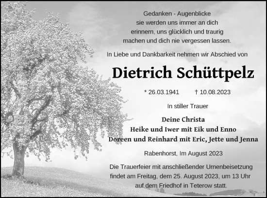 Traueranzeige von Dietrich Schüttpelz von Mecklenburger Schweiz