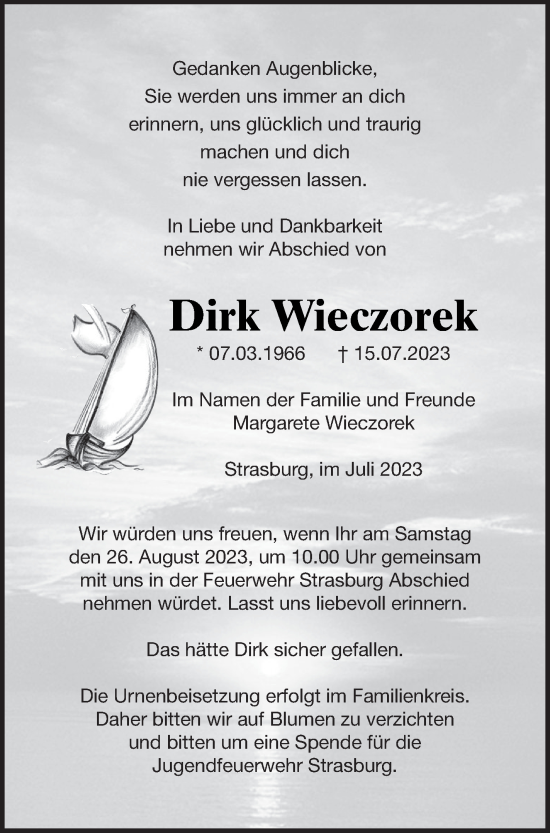 Traueranzeige von Dirk Wieczorek von Haff-Zeitung