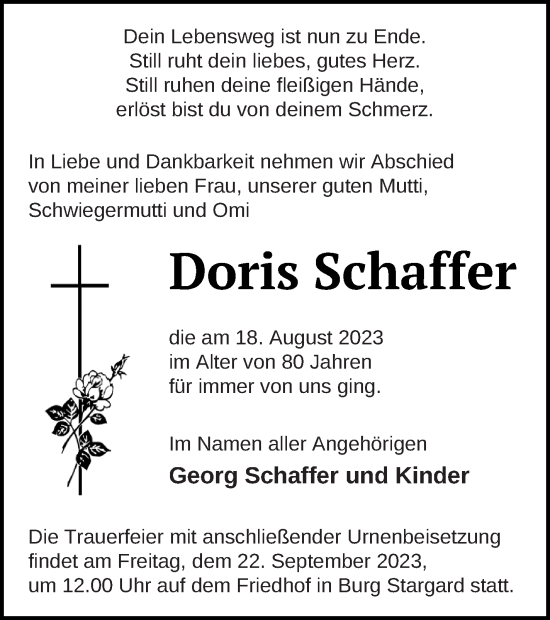 Traueranzeige von Doris Schaffer von Neubrandenburger Zeitung