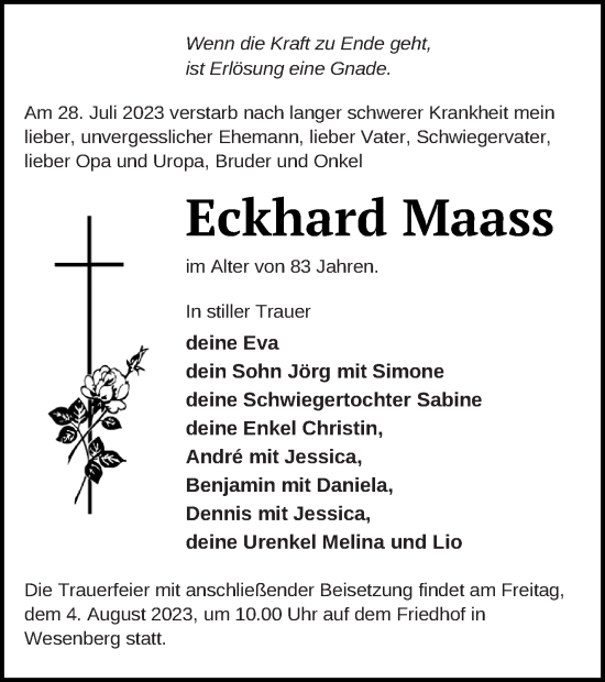 Traueranzeige von Eckhard Maass von Strelitzer Zeitung