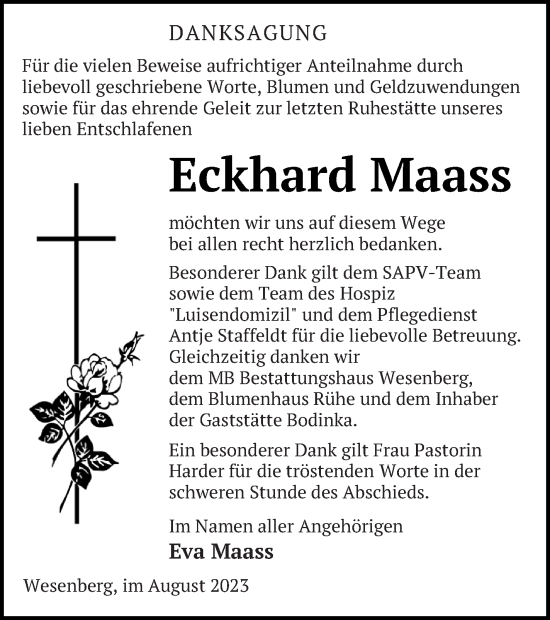 Traueranzeige von Eckhard Maass von Strelitzer Zeitung