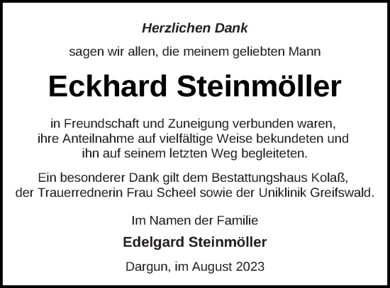 Traueranzeige von Eckhard Steinmöller von Demminer Zeitung