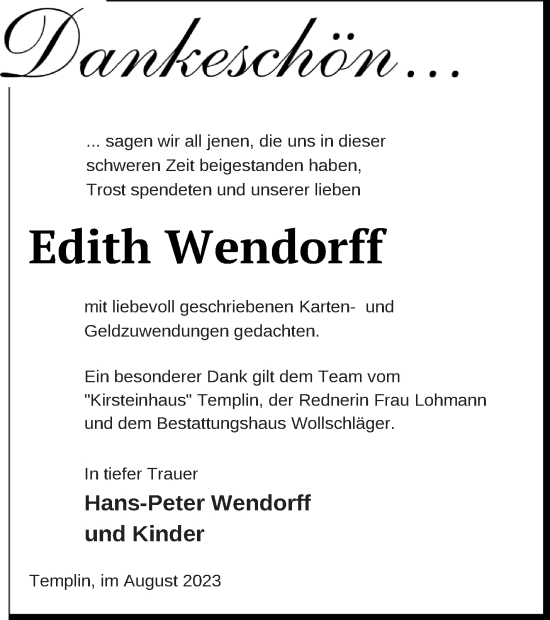 Traueranzeige von Edith Wendorff von Templiner Zeitung