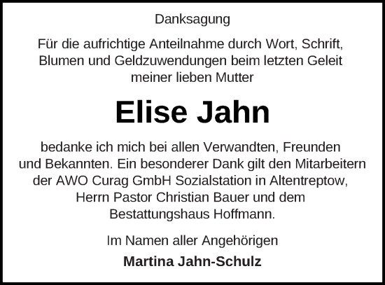 Traueranzeige von Elise Jahn von Demminer Zeitung