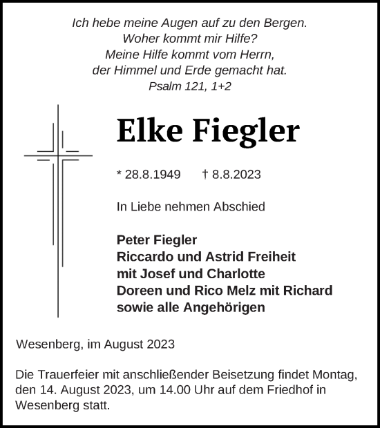 Traueranzeige von Elke Fiegler von Strelitzer Zeitung