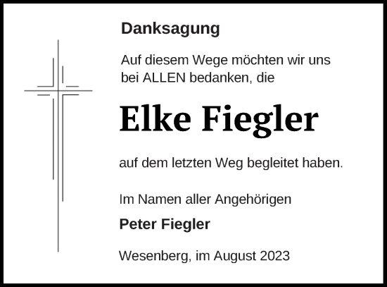 Traueranzeige von Elke Fiegler von Strelitzer Zeitung