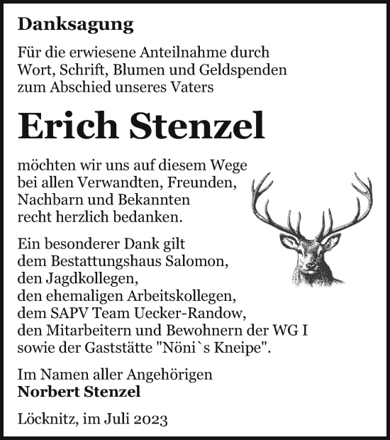 Traueranzeige von Erich Stenzel von Pasewalker Zeitung