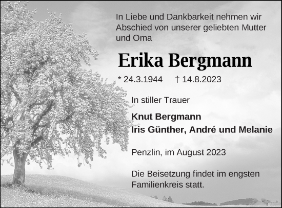 Traueranzeige von Erika Bergmann von Müritz-Zeitung