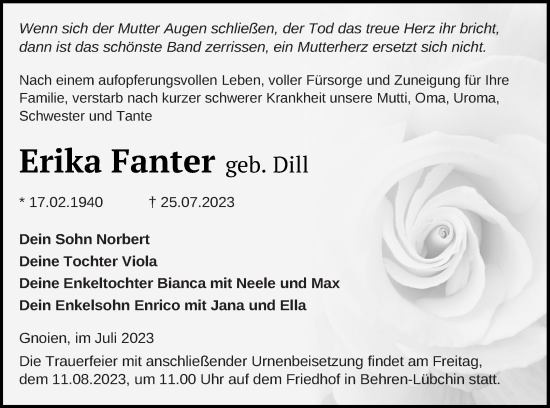 Traueranzeige von Erika Fanter von Mecklenburger Schweiz