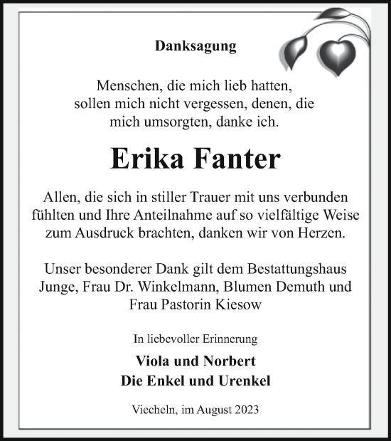 Traueranzeige von Erika Fanter von Mecklenburger Schweiz