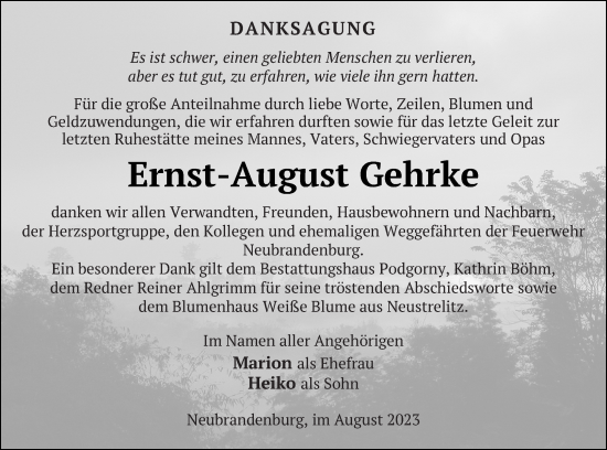 Traueranzeige von Ernst-August Gehrke von Neubrandenburger Zeitung