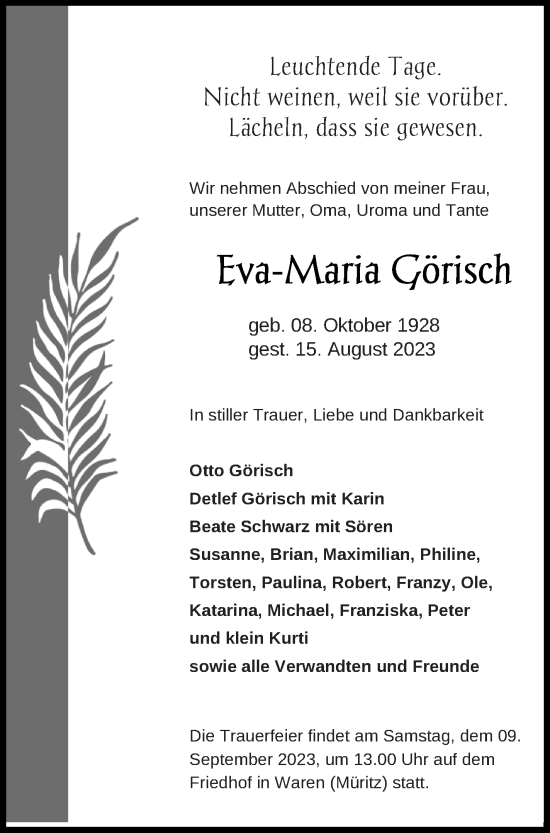 Traueranzeige von Eva-Maria Görisch von Müritz-Zeitung