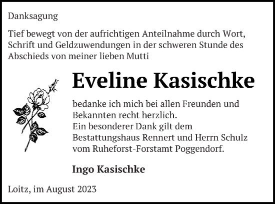 Traueranzeige von Eveline Kasischke von Vorpommern Kurier