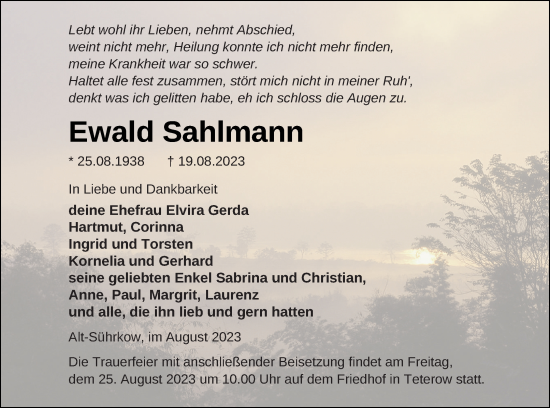 Traueranzeige von Ewald Sahlmann von Mecklenburger Schweiz