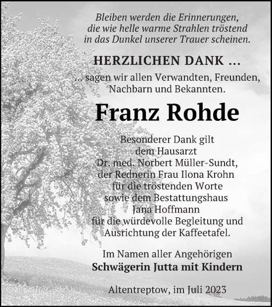 Traueranzeige von Franz Rohde von Neubrandenburger Zeitung