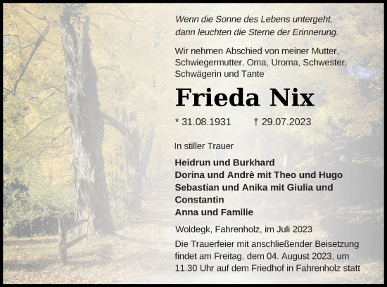 Traueranzeige von Frieda Nix von Prenzlauer Zeitung