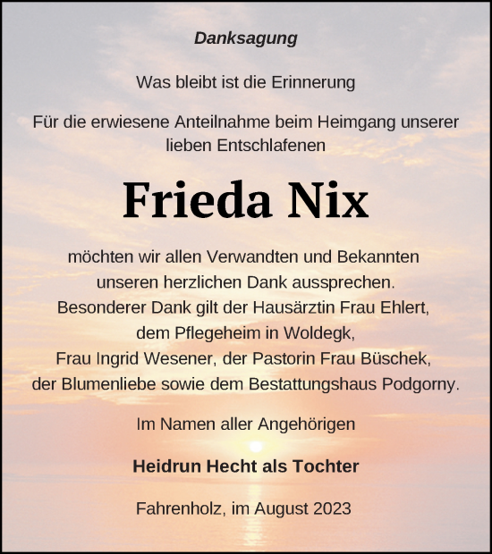 Traueranzeige von Frieda Nix von Prenzlauer Zeitung